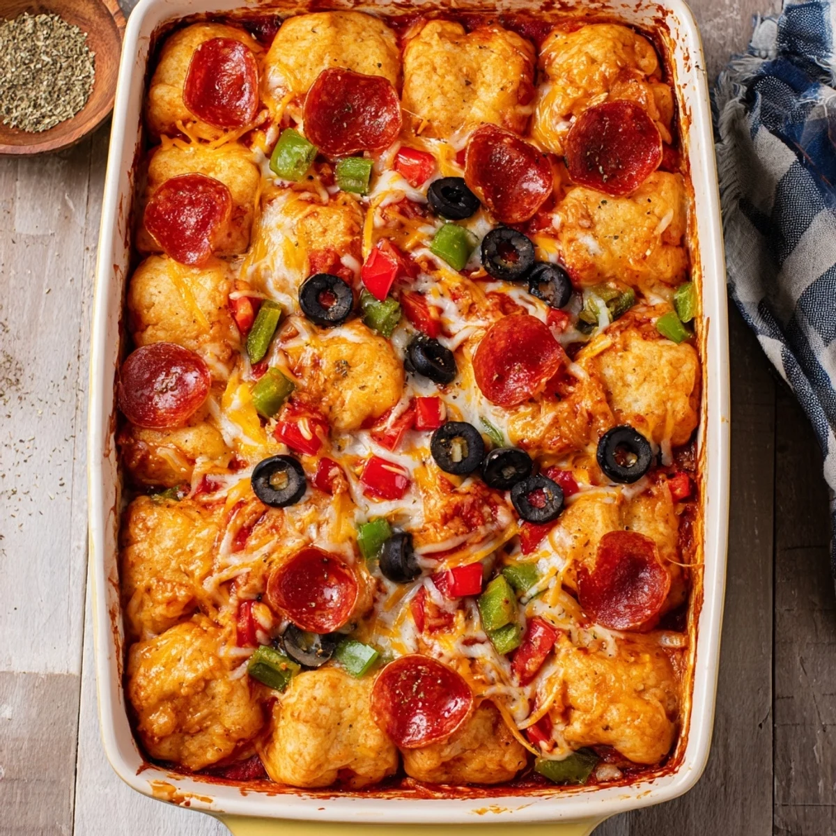 Family-friendly pizza casserole with puffed golden biscuits nestled under melted cheese and pepperoni slices