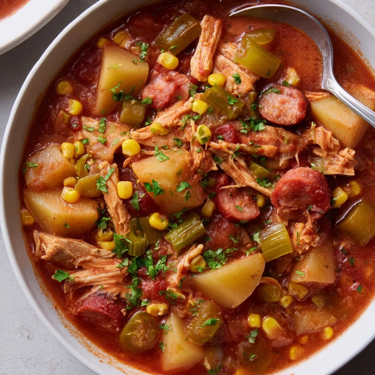 Hearty Brunswick Stew simmered to perfection with smoked sausage, corn, lima beans, and chunks of potato