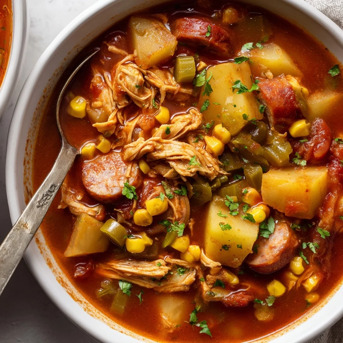 Steaming bowl of Brunswick Stew loaded with tender chicken, pork, and colorful vegetables in rich tomato broth