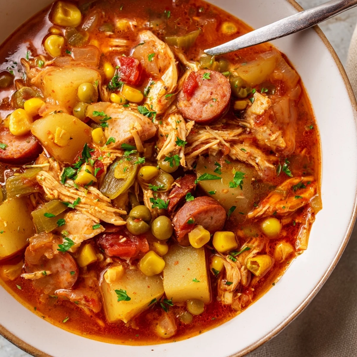 Spoonful of thick Southern Brunswick Stew featuring shredded meats and garden vegetables in a savory tangy sauce