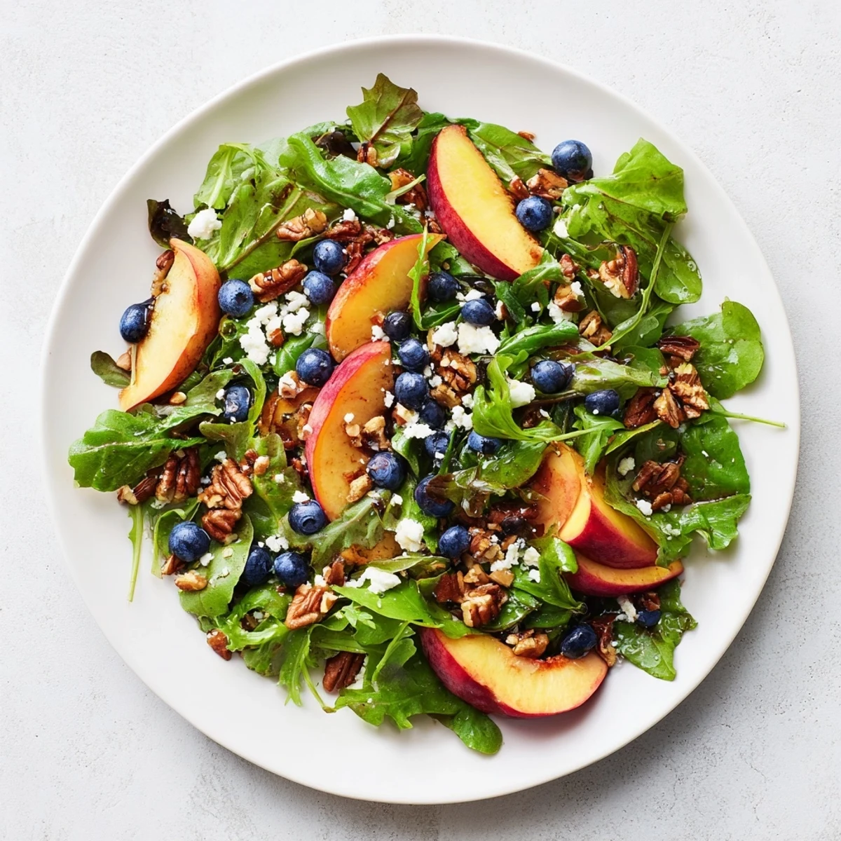 Fresh blueberry peach feta salad recipe featuring juicy summer fruits tossed with crisp mixed greens and tangy crumbled feta cheese