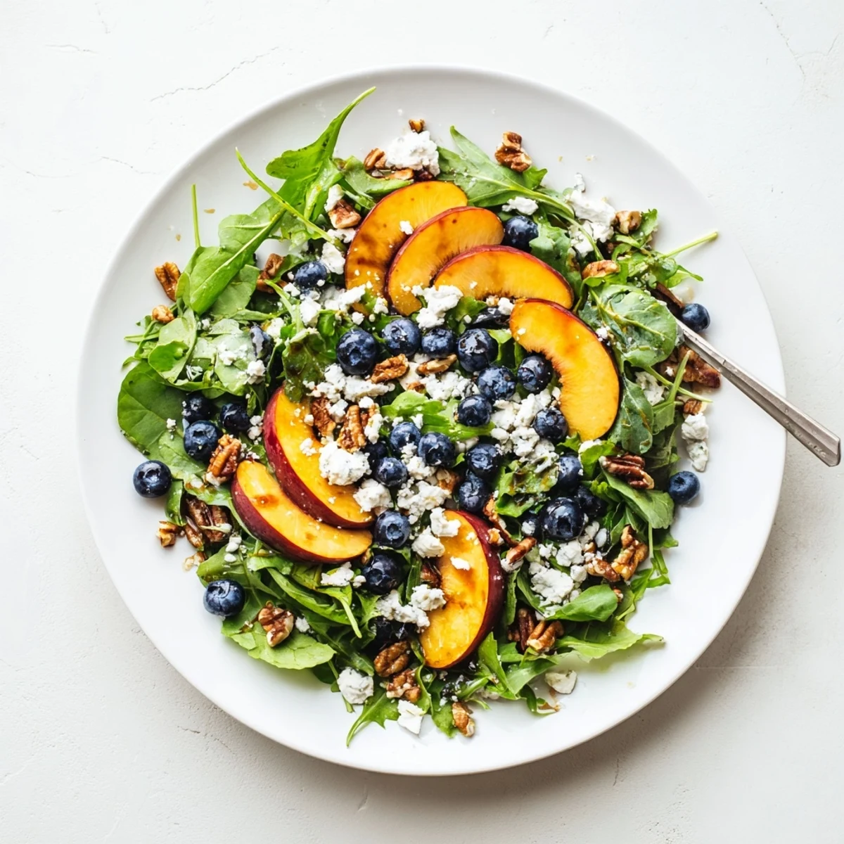 Colorful bowl of blueberry peach feta salad recipe arranged on a white serving plate with toasted pecans and light balsamic dressing