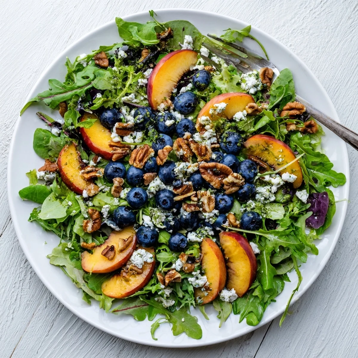 Vibrant summer blueberry peach feta salad recipe showcasing ripe peach slices, plump blueberries, and creamy feta over fresh arugula and spinach greens