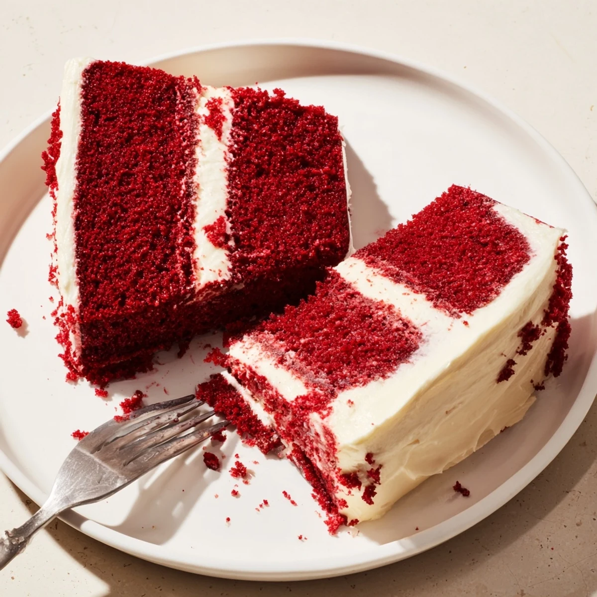 Moist red velvet cake layered with smooth cream cheese frosting on a white serving plate
