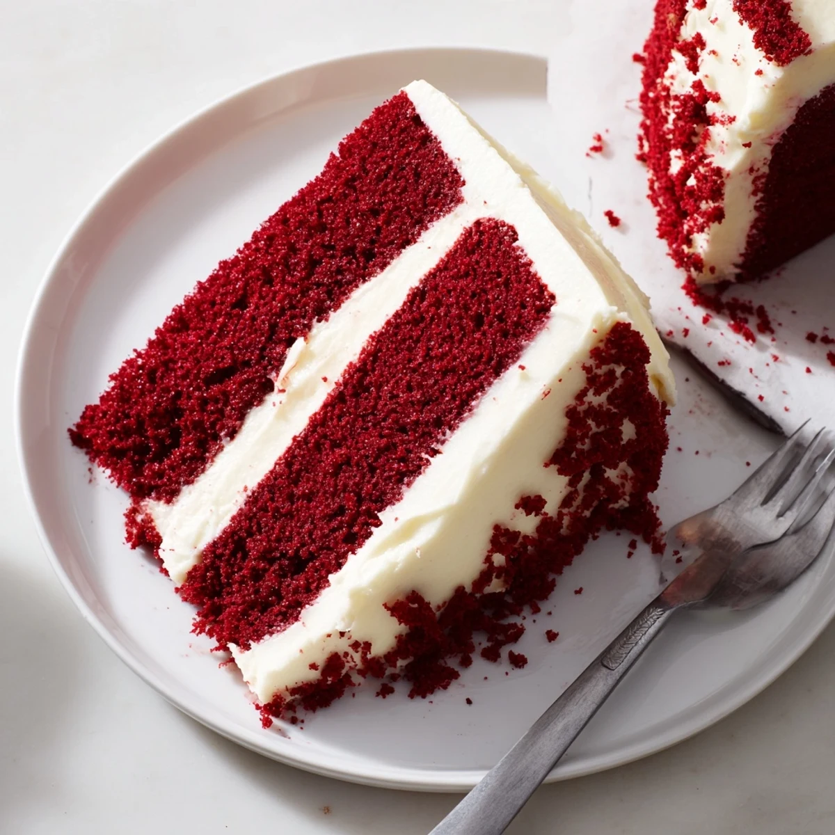 Red velvet cake slice revealing tender crimson crumb topped with fluffy white frosting