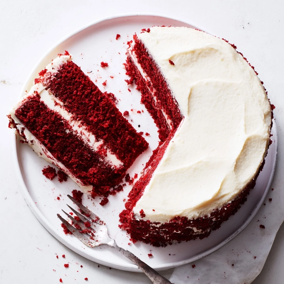 Layered red velvet cake with cream cheese frosting perfect for birthdays and celebrations
