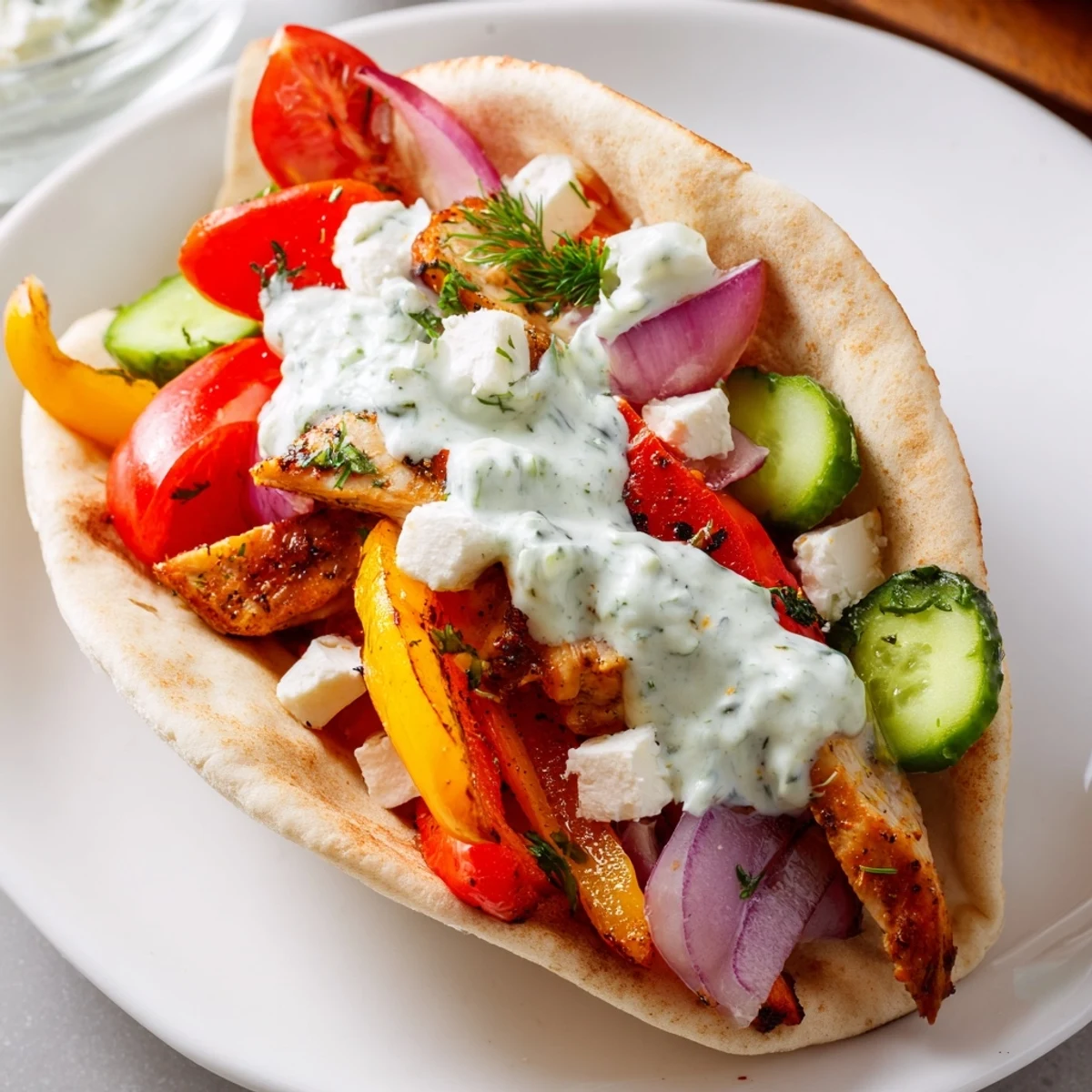 Golden sheet pan chicken pitas stuffed with roasted vegetables and drizzled with creamy herby ranch sauce