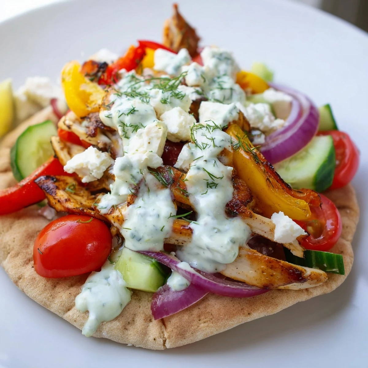 Warm pita bread piled high with seasoned chicken strips, colorful peppers, and tangy homemade ranch dressing