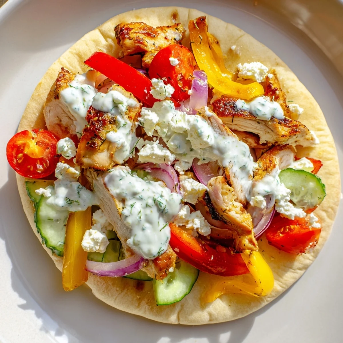 Mediterranean-style chicken and vegetable pitas topped with fresh herbs and a cooling white ranch sauce