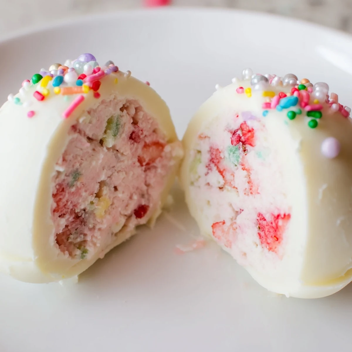 White chocolate Easter egg bombs stuffed with strawberry shortcake mixture and colorful sprinkles
