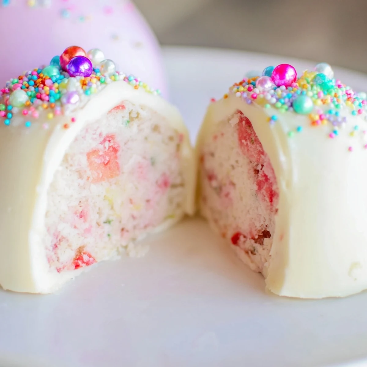 Creamy strawberry shortcake Easter egg bombs filled with fresh berries and white chocolate shells