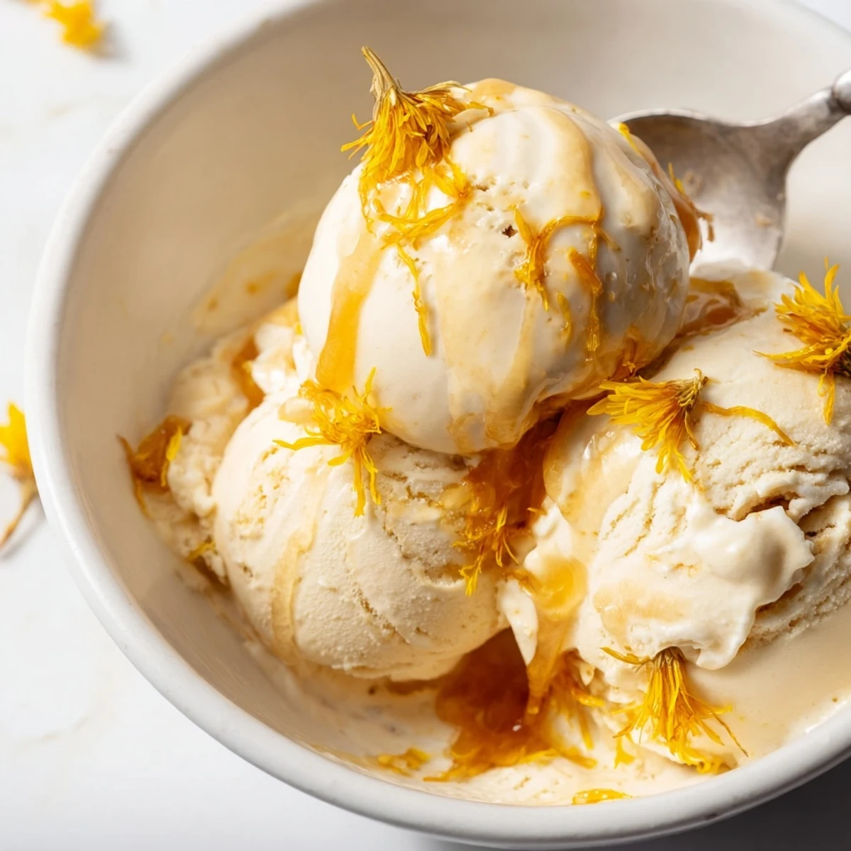 Velvety floral dandelion honey ice cream served with fresh petals on summer day
