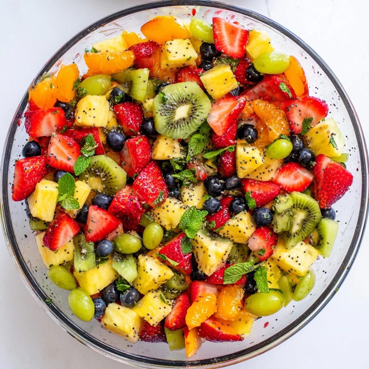 Colorful Easter fruit salad bowl overflowing with fresh strawberries, pineapple, kiwi, and blueberries drizzled with honey lime dressing