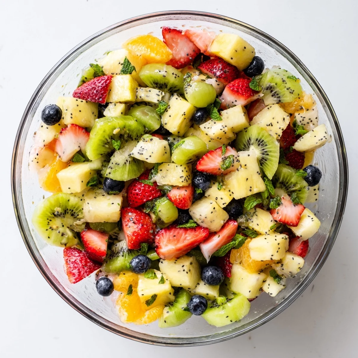 Refreshing Easter fruit salad showcasing vibrant spring fruits in a glass serving dish topped with fresh mint leaves