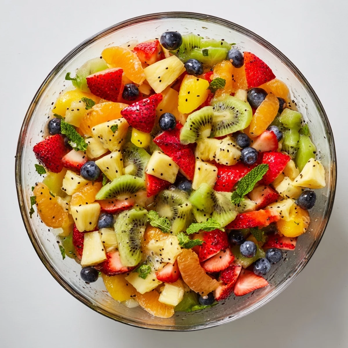 Festive Easter fruit salad arranged with juicy mandarin oranges, grapes, and berries coated in zesty lime poppy seed glaze
