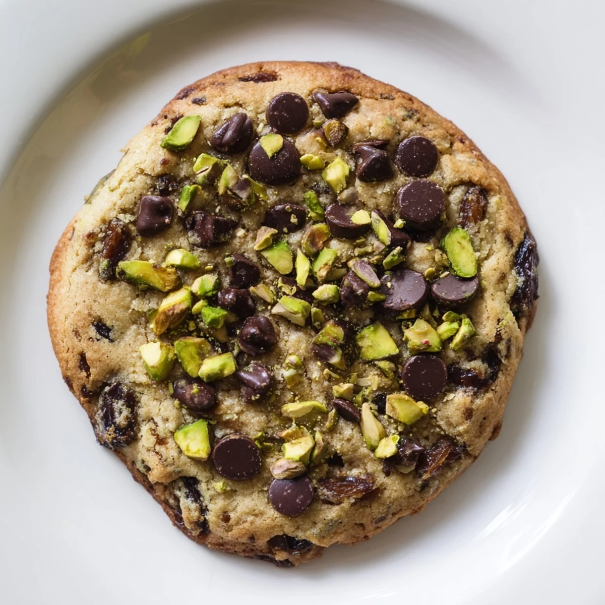 Freshly baked Dubai chewy cookie with crackled edges, revealing pistachios and dates inside on a wire cooling rack