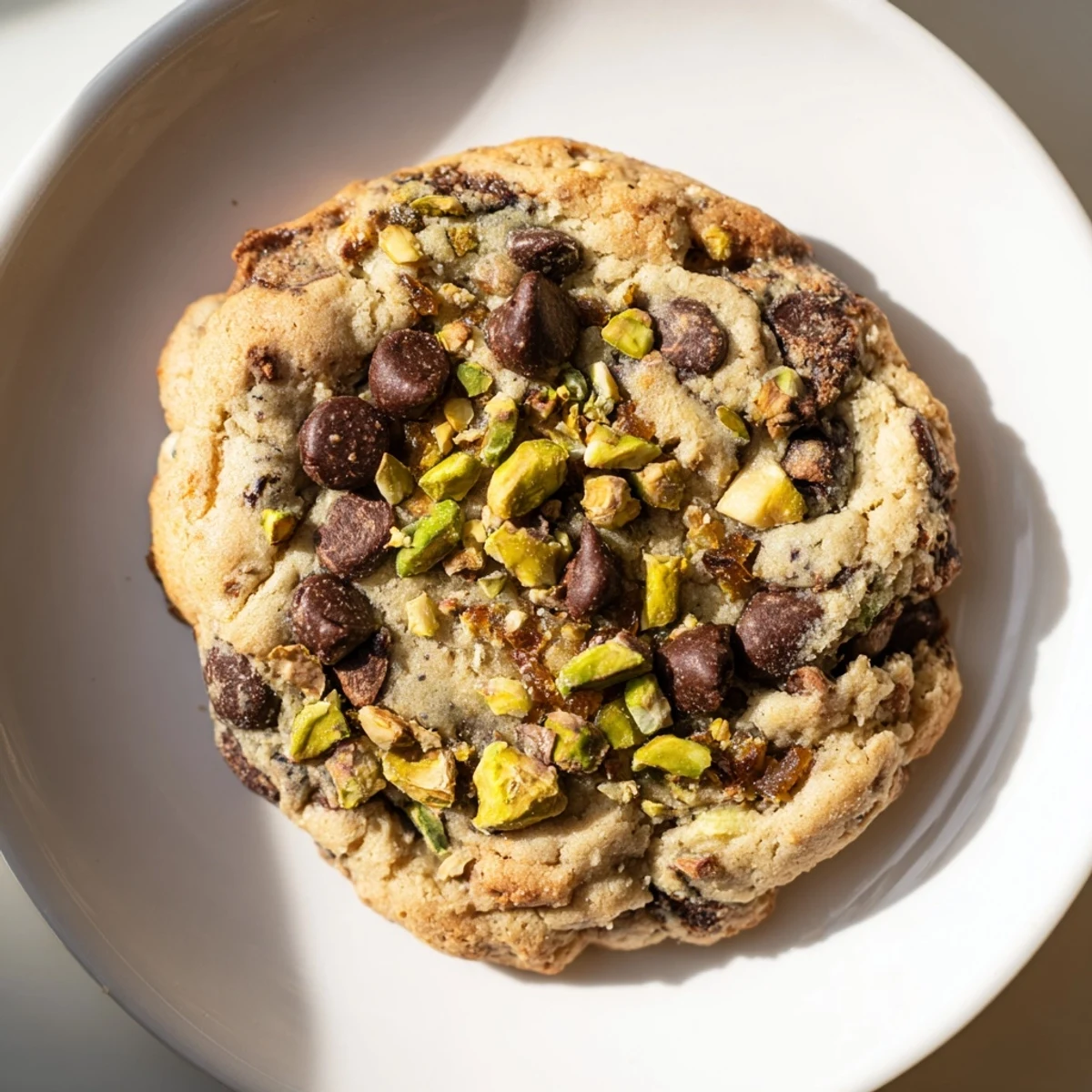 Golden Dubai chewy cookie studded with chopped pistachios, sweet dates, and melted chocolate chips on a white plate