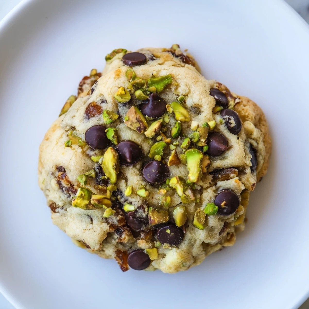 Close-up of soft Dubai chewy cookie broken open showing chewy texture with pistachios, dates, and cardamom spice flecks