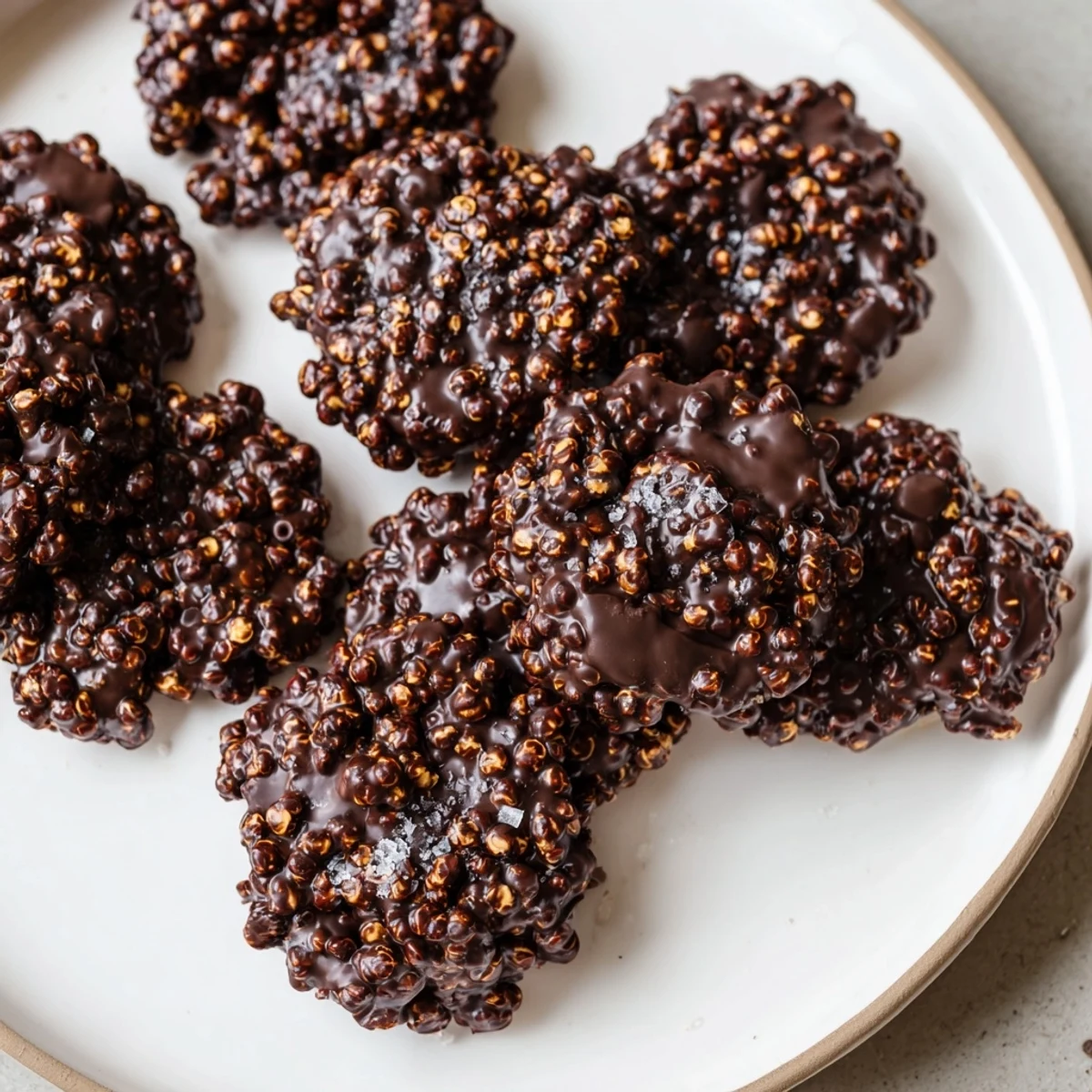 Golden dark chocolate quinoa crisps sprinkled with sea salt on white parchment paper