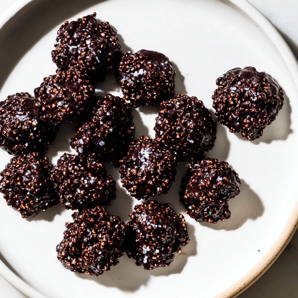 Homemade dark chocolate quinoa crisps with toasted quinoa adding crunch to melted chocolate