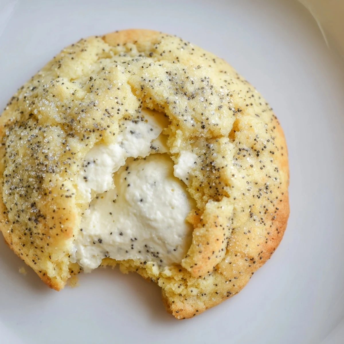 Tangy lemon poppy seed cheesecake cookies stacked with visible cream filling oozing out