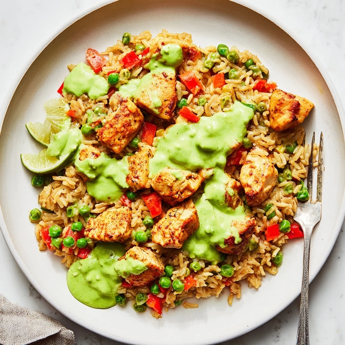Golden chicken pieces nestled in fluffy cilantro rice topped with vibrant green Peruvian sauce