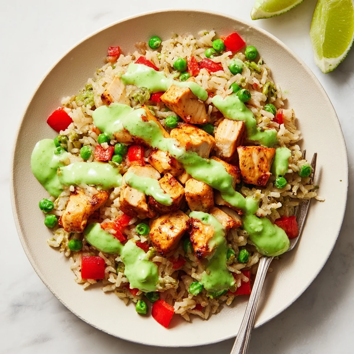 Juicy chicken thighs and colorful peas in aromatic rice drizzled with creamy zesty green sauce