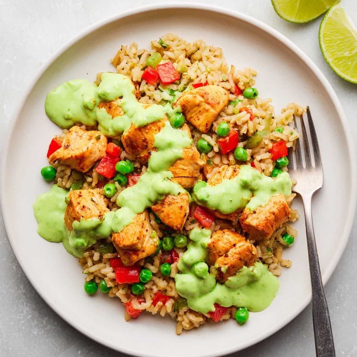 Peruvian chicken rice with green sauce served in a bowl with fresh lime wedges