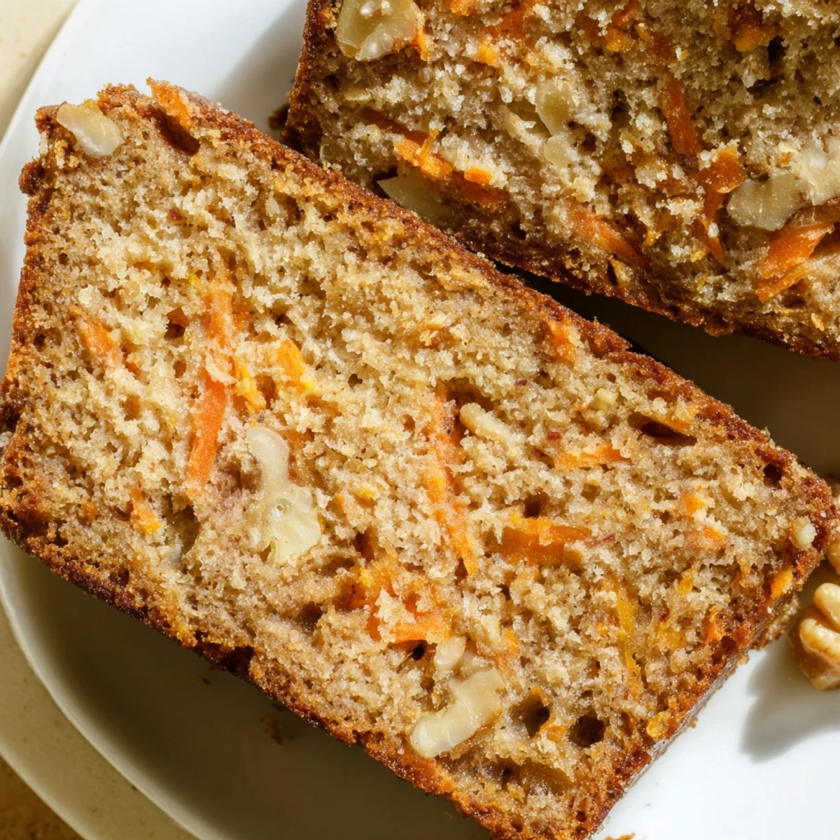 Moist carrot cake banana bread loaf sliced showing tender crumb with grated carrot flecks and warm cinnamon spices