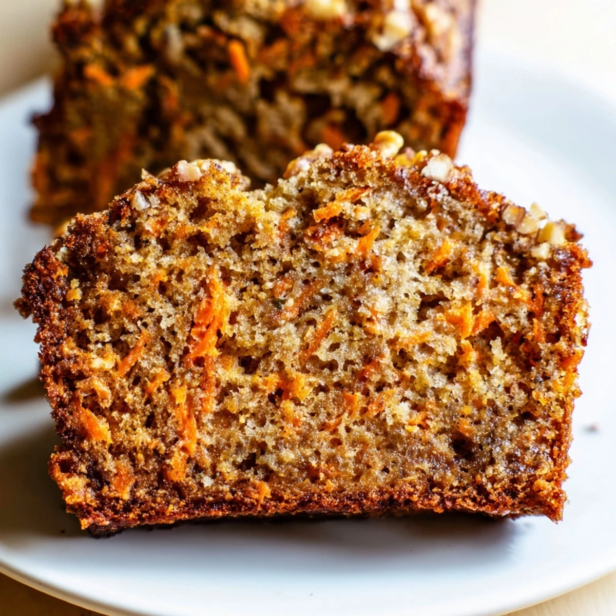 Golden spiced carrot cake banana bread topped with chopped walnuts on a white wire cooling rack