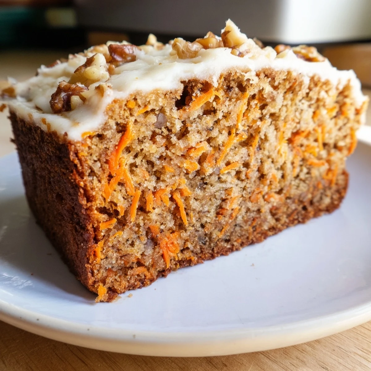 Thick slice of carrot cake banana bread with cream cheese frosting drizzle on a rustic wooden board