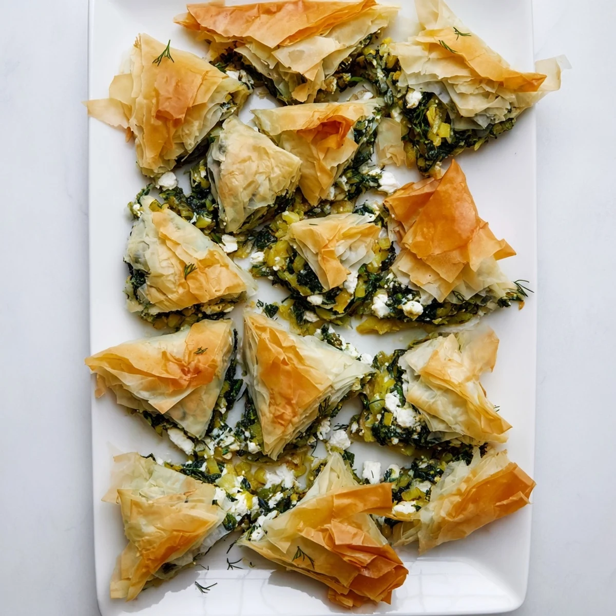 Golden authentic Greek spanakopita with flaky phyllo layers and vibrant spinach feta filling