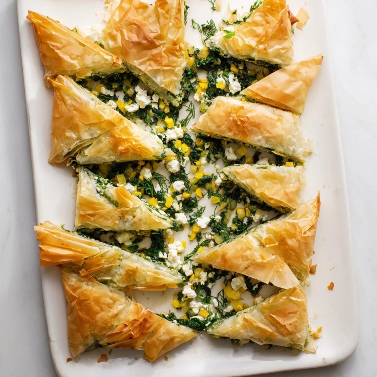 Crispy authentic Greek spanakopita baked to golden perfection with melted feta and fresh spinach