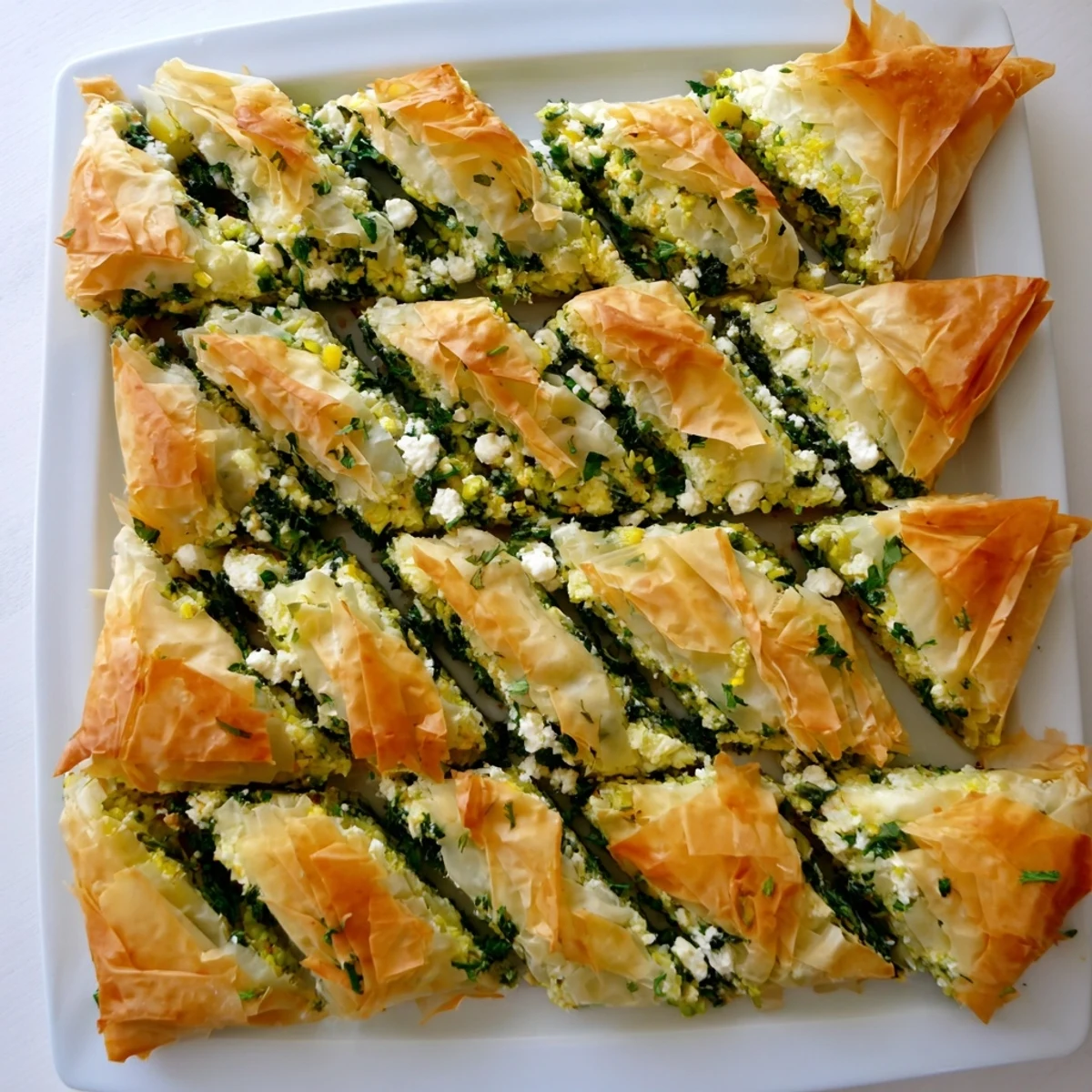 Savory authentic Greek spanakopita sliced into squares revealing creamy herb and cheese center