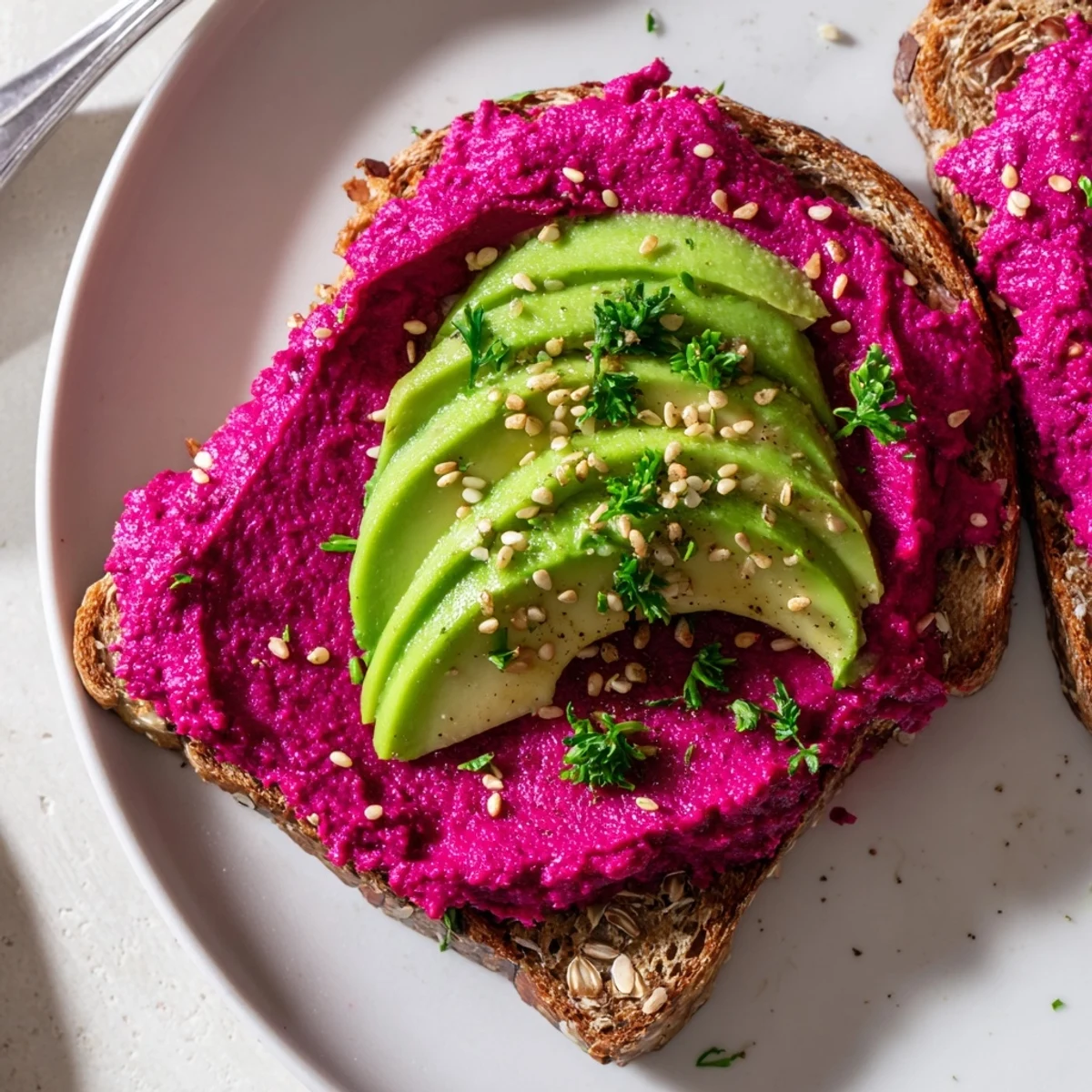 Golden toasted bread layered with vibrant magenta beet hummus and creamy green avocado slices