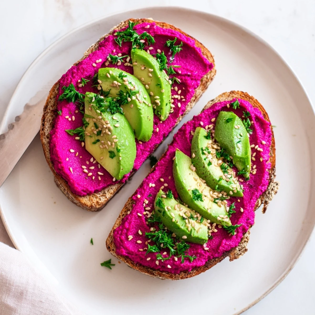 Open-faced avocado beet hummus toast garnished with fresh parsley, seeds, and black pepper