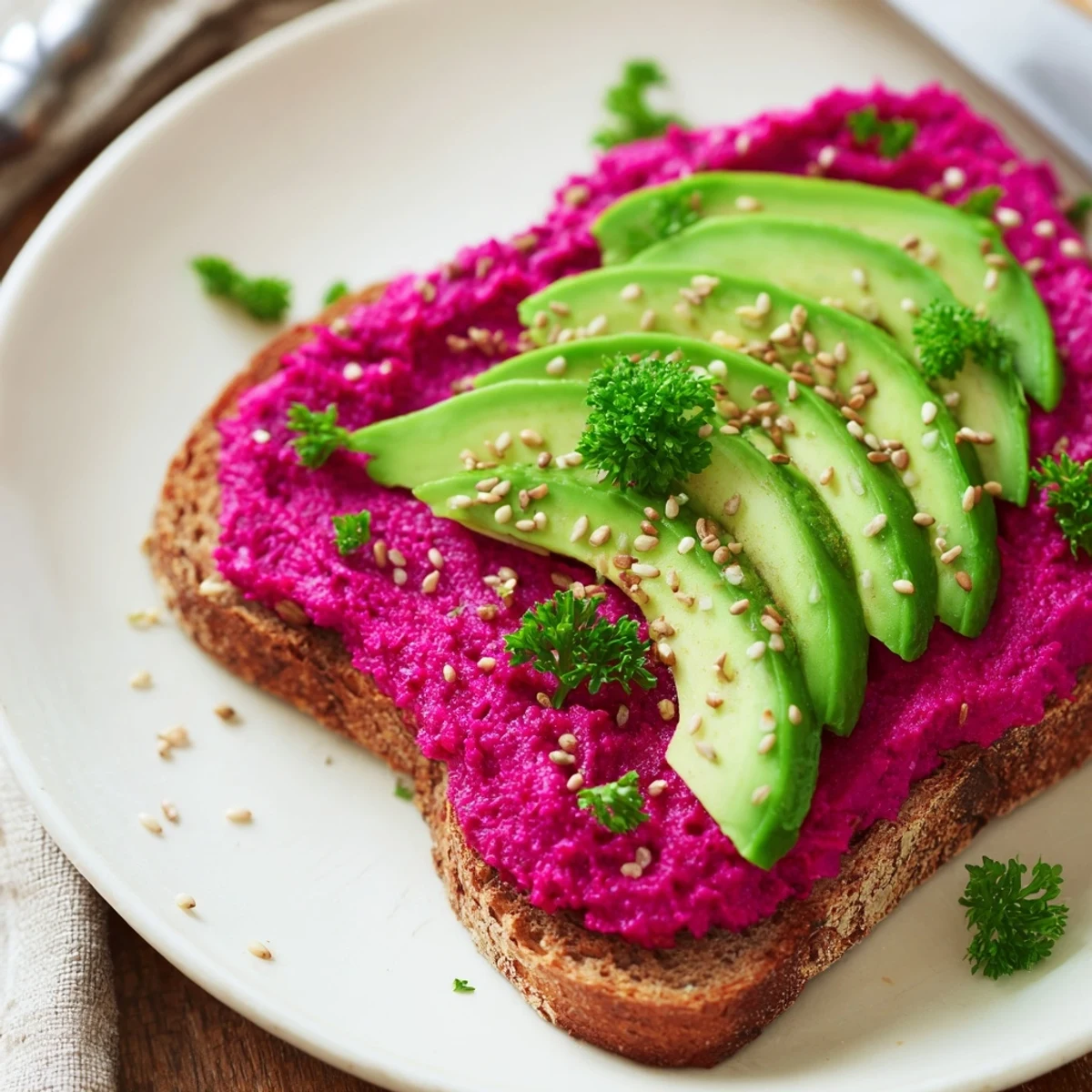 Healthy Mediterranean snack featuring whole grain toast topped with bright pink hummus and ripe avocado