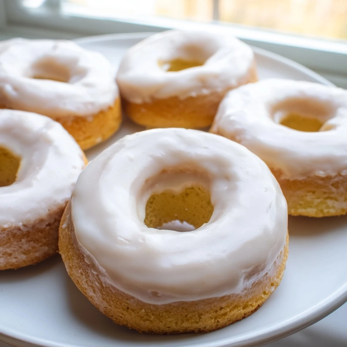 Light fluffy Greek yogurt cake donuts arranged on wire rack after baking