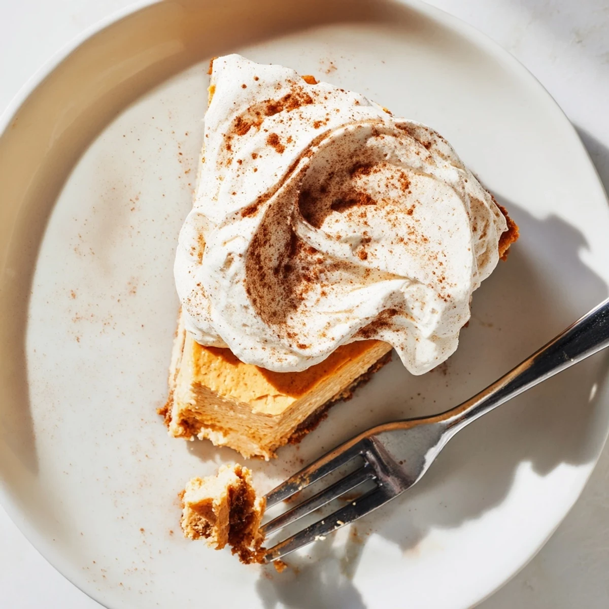 Creamy pumpkin spice Christmas cheesecake slice with whipped topping and cinnamon dusting on festive holiday plate