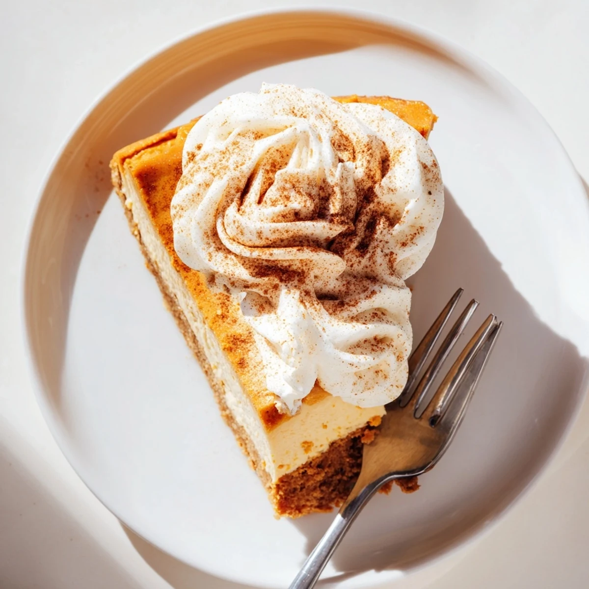 Holiday dessert featuring spiced pumpkin Christmas cheesecake topped with billowy cream and light cinnamon sprinkle