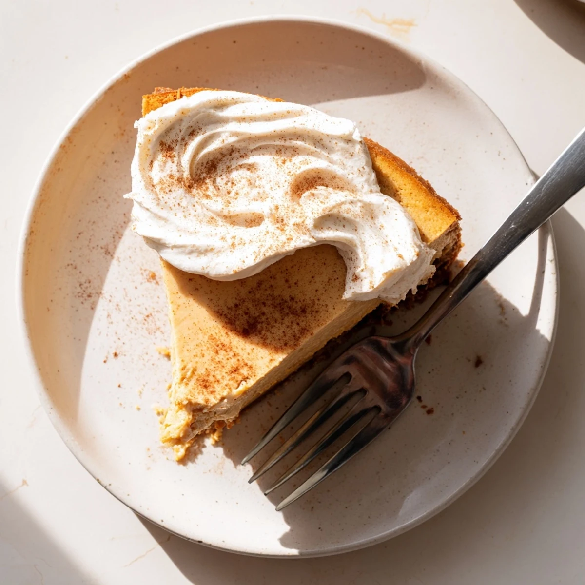Rich pumpkin spice Christmas cheesecake with graham cruster crust and swirls of vanilla whipped cream garnish
