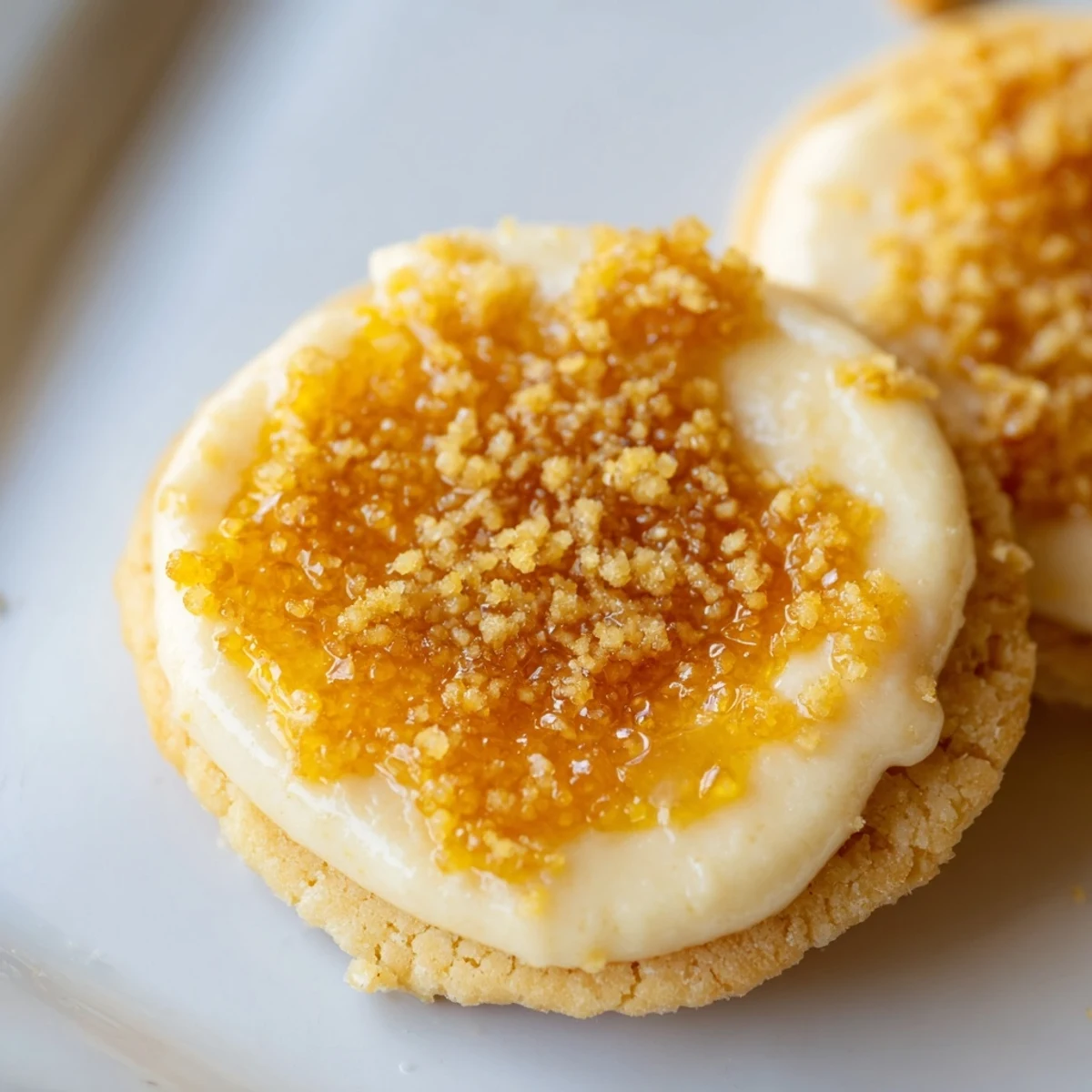 Golden crème brûlée shortbread cookies with caramelized sugar tops and custard centers