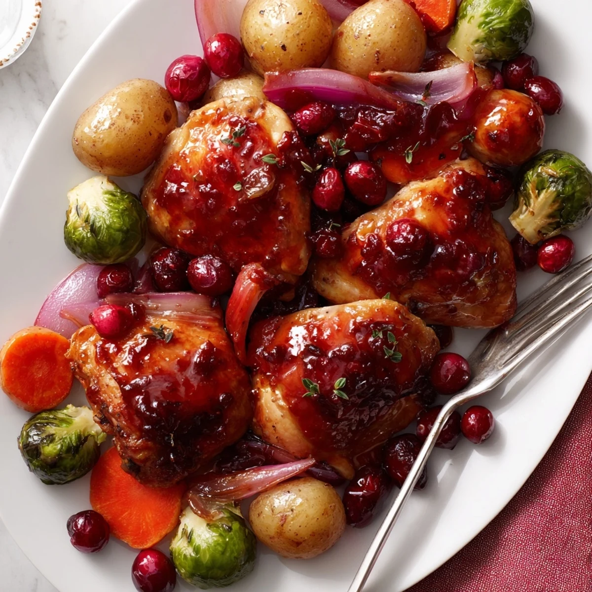 One pan honey cranberry chicken dinner featuring glazed chicken thighs alongside Brussels sprouts and baby potatoes