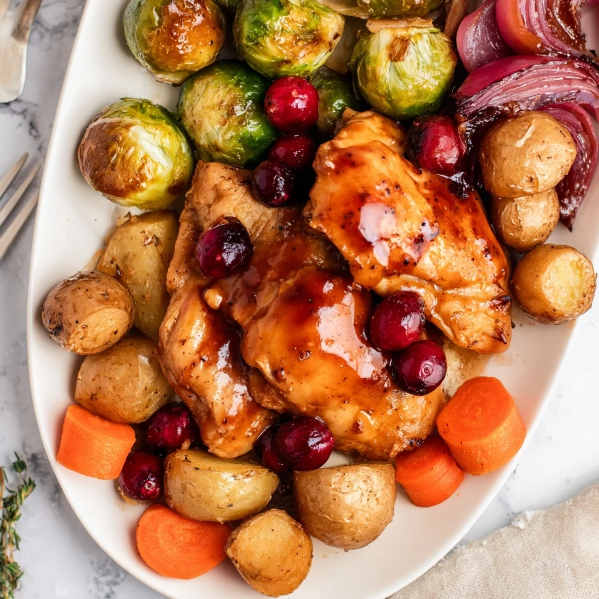 Golden roasted honey cranberry chicken breasts arranged with colorful roasted vegetables on a baking sheet