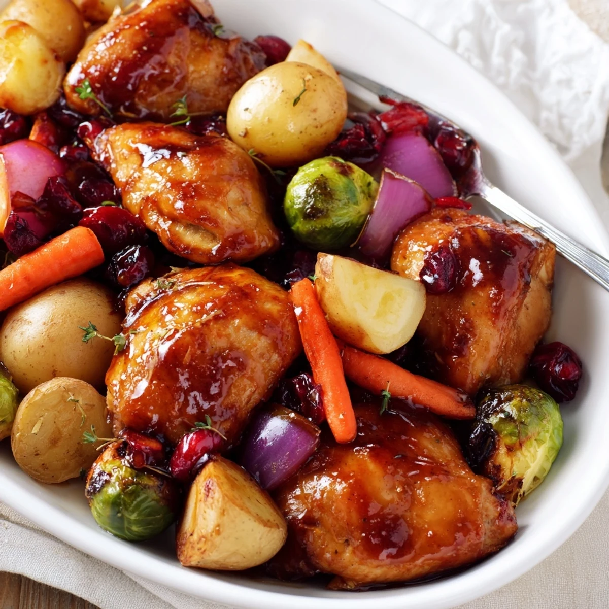 Juicy honey cranberry chicken glazed and baked with tender seasonal vegetables for an easy weeknight meal