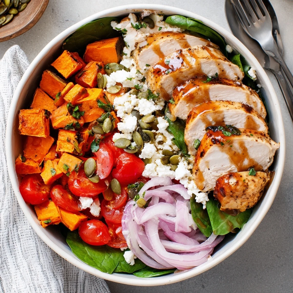 Golden roasted sweet potatoes and glazed chicken in maple Dijon chicken sweet potato bowls with fresh greens