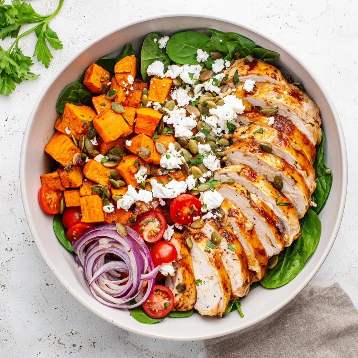 Wholesome grain-free bowl featuring juicy glazed chicken and tender sweet potatoes in maple Dijon chicken sweet potato bowls