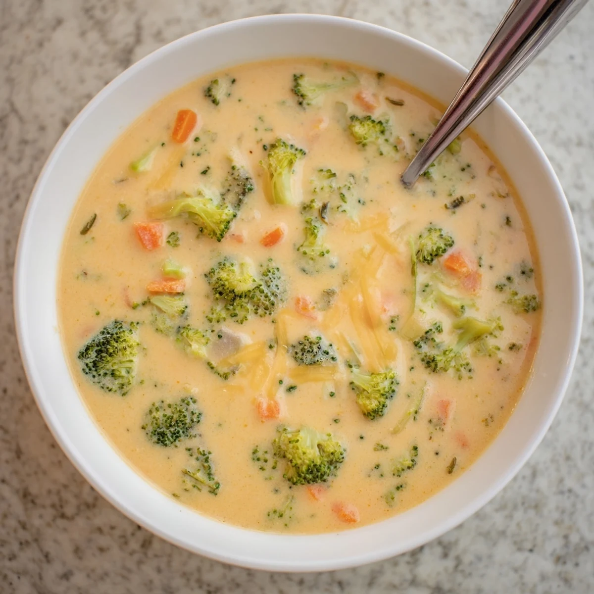 Rich and velvety broccoli cheddar soup garnished with shredded cheese and crusty bread
