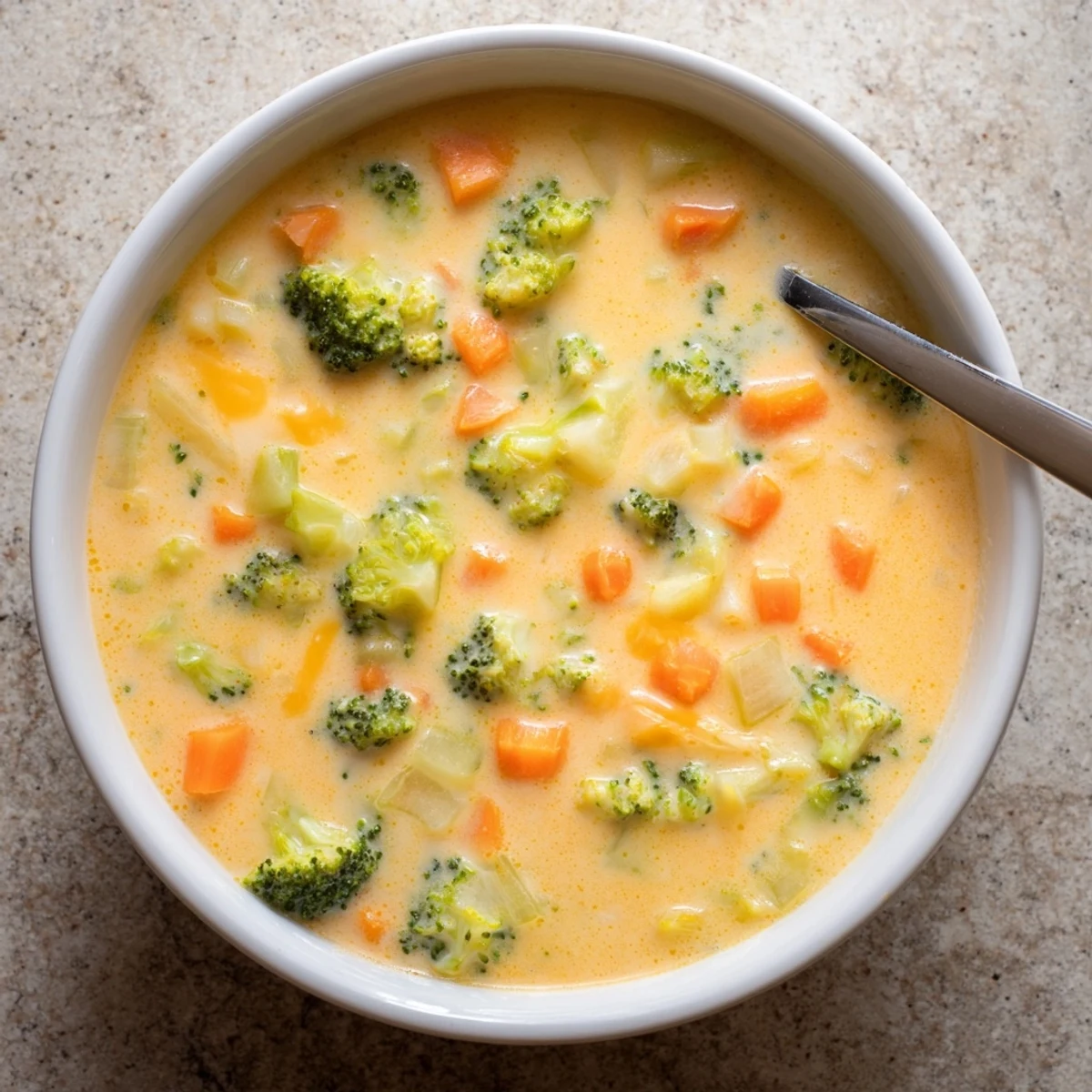 Creamy slow cooker broccoli cheddar soup steaming in a white bowl with fresh herbs