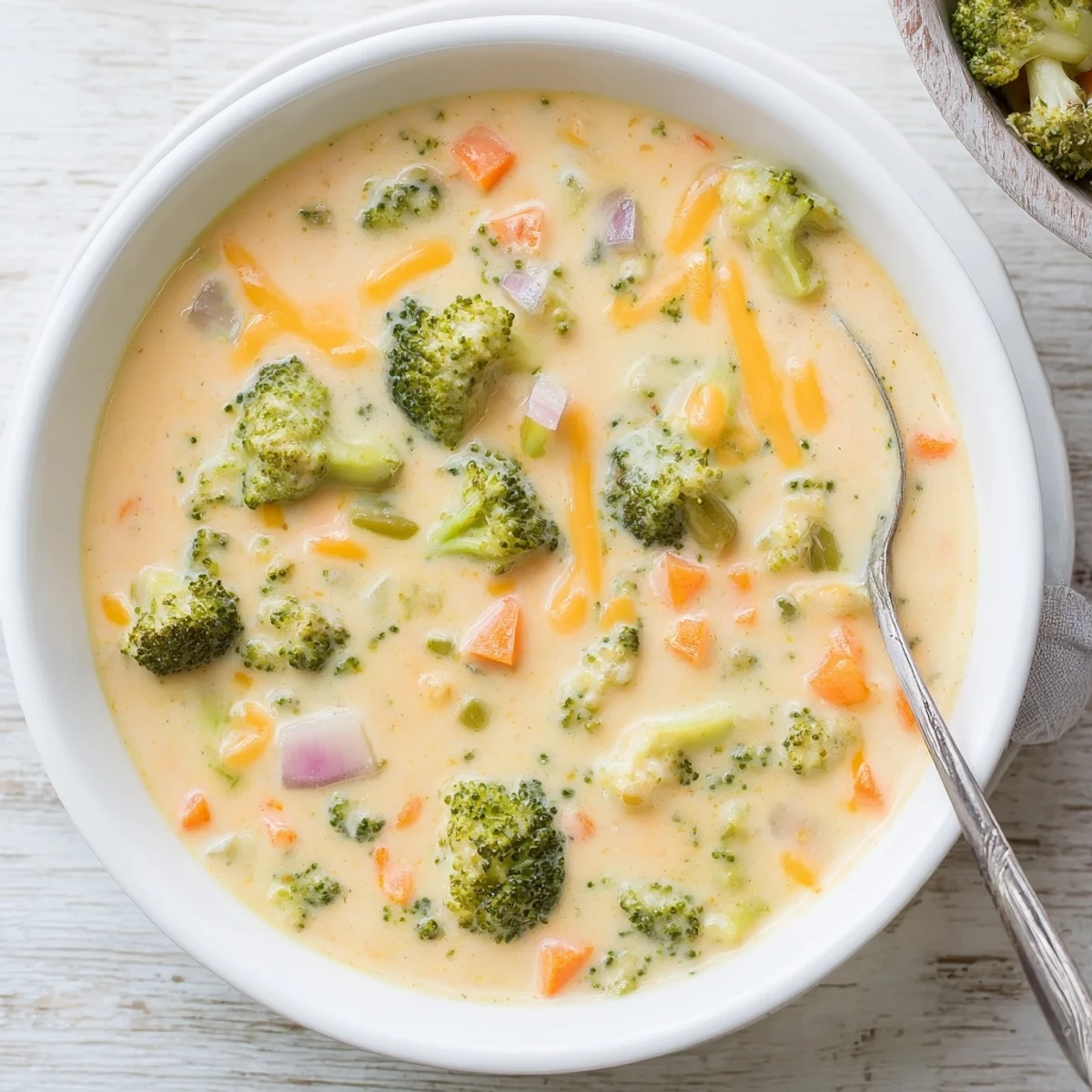 Comforting bowl of cheesy broccoli soup featuring tender florets and melted sharp cheddar